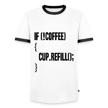 if(!coffee){cup.refill();} - Männer Kontrast-T-Shirt - Weiß/Schwarz - Vorne - AI Model Female 172 light (172cm) & AI Model Male 178 dark (178cm)
