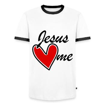 Jesus loves me loves me red heart - Men's Ringer Shirt - white/black - Front - AI Model Female 172 light (172cm) & AI Model Male 178 dark (178cm)