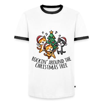 Cats dancing around Christmas tree - Xmas Sweater - Men's Ringer Shirt - white/black - Front - AI Model Female 172 light (172cm) & AI Model Male 178 dark (178cm)