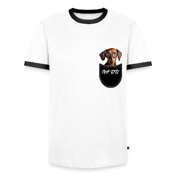 Dackel in Pocket Brusttasche Na du - Männer Kontrast-T-Shirt - Weiß/Schwarz - Vorne - AI Model Female 172 light (172cm) & AI Model Male 178 dark (178cm)