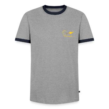 Greyhound - Ar Nós Na Gaoithe Gold - Men's Ringer Shirt - grey/navy  - Front - AI Model Female 172 light (172cm) & AI Model Male 178 light (178cm)