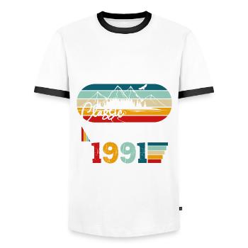 33e anniversaire Original août 1991 Né en 1991 - T-shirt contrasté Homme - blanc/noir - Devant - AI Model Female 172 light (172cm) & AI Model Male 178 dark (178cm)