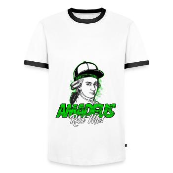 Amadeus Rock Me | Wolfgang Amadeus Mozart Klassik - Männer Kontrast-T-Shirt - Weiß/Schwarz - Vorne - AI Model Female 172 light (172cm) & AI Model Male 178 dark (178cm)