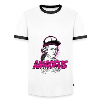 Amadeus Rock Me | Wolfgang Amadeus Mozart Klassik - Männer Kontrast-T-Shirt - Weiß/Schwarz - Vorne - AI Model Female 172 light (172cm) & AI Model Male 178 dark (178cm)