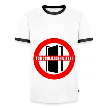 Tür schließen bitte | Farbe änderbar - Männer Kontrast-T-Shirt - Weiß/Schwarz - Vorne - AI Model Female 172 light (172cm) & AI Model Male 178 dark (178cm)
