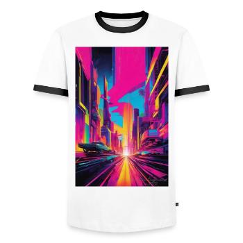 Vibrant Neon Cityscape, Futuristic Urban Art - Men's Ringer Shirt - white/black - Front - AI Model Female 172 light (172cm) & AI Model Male 178 dark (178cm)