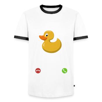 Meine Gummiente ruft an - ich muss los - Spruch - Männer Kontrast-T-Shirt - Weiß/Schwarz - Vorne - AI Model Female 172 light (172cm) & AI Model Male 178 dark (178cm)