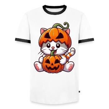 Cute Halloween Cat Pumpkin Cartoon - Men's Ringer Shirt - white/black - Front - AI Model Female 172 light (172cm) & AI Model Male 178 dark (178cm)