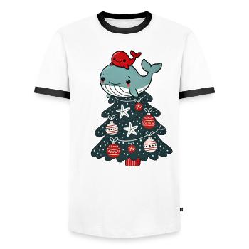 Cute Christmas Tree Fir Tree Cartoon with Sea - Men's Ringer Shirt - white/black - Front - AI Model Female 172 light (172cm) & AI Model Male 178 dark (178cm)