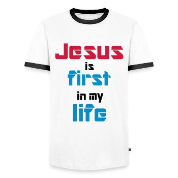 Jesus is first in my life - Men's Ringer Shirt - white/black - Front - AI Model Female 172 light (172cm) & AI Model Male 178 dark (178cm)