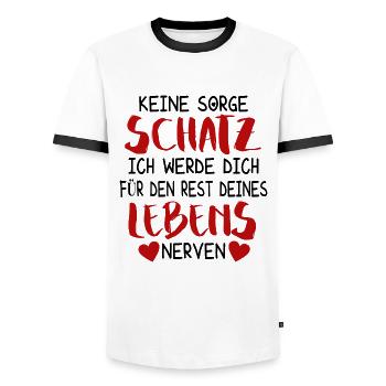 Paare Liebe Ironie Keine Sorge Schatz Spruch Humor - Männer Kontrast-T-Shirt - Weiß/Schwarz - Vorne - AI Model Female 172 light (172cm) & AI Model Male 178 dark (178cm)