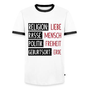 Statement - No separation or splitting - Men's Ringer Shirt - white/black - Front - AI Model Female 172 light (172cm) & AI Model Male 178 dark (178cm)