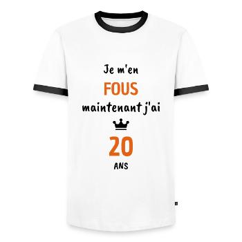 Je m'en fous maintenant j'ai 20 ans, cadeau 20 ans - T-shirt contrasté Homme - blanc/noir - Devant - AI Model Female 172 light (172cm) & AI Model Male 178 dark (178cm)