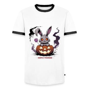 Besessen süß – Gruselhase im Kürbis - Männer Kontrast-T-Shirt - Weiß/Schwarz - Vorne - AI Model Female 172 light (172cm) & AI Model Male 178 dark (178cm)