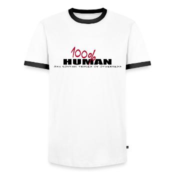 100% human and other - Men's Ringer Shirt - white/black - Front - AI Model Female 172 light (172cm) & AI Model Male 178 dark (178cm)