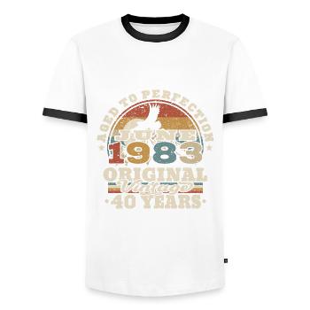 Born in June 1983 - 40 years old - Men's Ringer Shirt - white/black - Front - AI Model Female 172 light (172cm) & AI Model Male 178 dark (178cm)