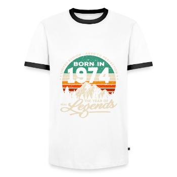 Legends are born in 1974 - Men's Ringer Shirt - white/black - Front - AI Model Female 172 light (172cm) & AI Model Male 178 dark (178cm)