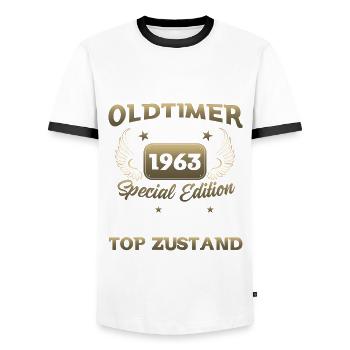 Oldtimer Modèle 1963 Anniversaire Drôle de sort - T-shirt contrasté Homme - blanc/noir - Devant - AI Model Female 172 light (172cm) & AI Model Male 178 dark (178cm)
