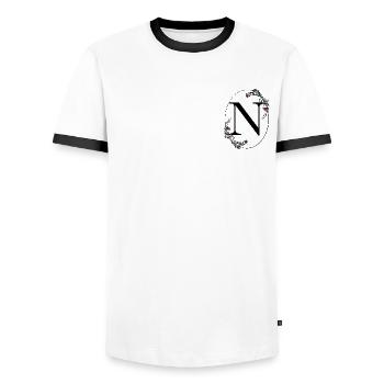 Buchstabe N - Männer Kontrast-T-Shirt - Weiß/Schwarz - Vorne - AI Model Female 172 light (172cm) & AI Model Male 178 dark (178cm)