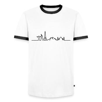 Einmal um die Welt// Shirt-Weltreise// Weltskyline - Männer Kontrast-T-Shirt - Weiß/Schwarz - Vorne - AI Model Female 172 light (172cm) & AI Model Male 178 dark (178cm)
