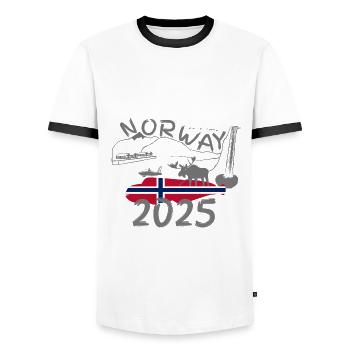 Norway 2025 Loach with Mountains Moose Fishing - Men's Ringer Shirt - white/black - Front - AI Model Female 172 light (172cm) & AI Model Male 178 dark (178cm)