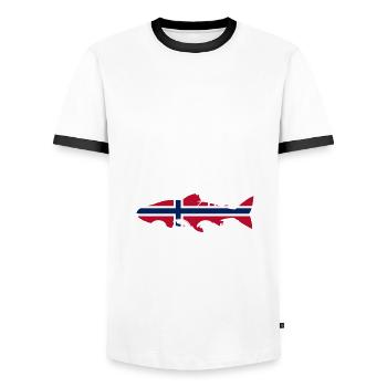 Norway 2025 Salmon with Mountains and Moose Fishing - Men's Ringer Shirt - white/black - Front - AI Model Female 172 light (172cm) & AI Model Male 178 dark (178cm)