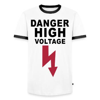 danger high voltage - Men's Ringer Shirt - white/black - Front - AI Model Female 172 light (172cm) & AI Model Male 178 dark (178cm)