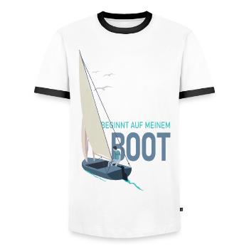 Urlaub beginnt auf meinem Boot -Segelboot - Männer Kontrast-T-Shirt - Weiß/Schwarz - Vorne - AI Model Female 172 light (172cm) & AI Model Male 178 dark (178cm)