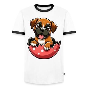 Colorful Boxer Dog Easter Egg Hatch Design - Men's Ringer Shirt - white/black - Front - AI Model Female 172 light (172cm) & AI Model Male 178 dark (178cm)