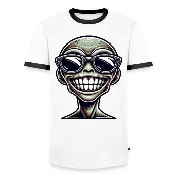 Cool Alien Portrait with Sunglasses - Men's Ringer Shirt - white/black - Front - AI Model Female 172 light (172cm) & AI Model Male 178 dark (178cm)