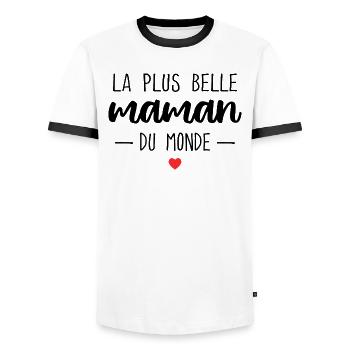 The World's Most Beautiful Mom Gift - Men's Ringer Shirt - white/black - Front - AI Model Female 172 light (172cm) & AI Model Male 178 dark (178cm)