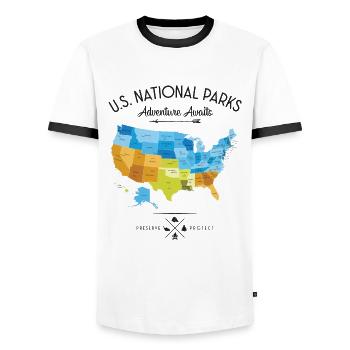 Graphique des parcs nationaux - T-shirt contrasté Homme - blanc/noir - Devant - AI Model Female 172 light (172cm) & AI Model Male 178 dark (178cm)
