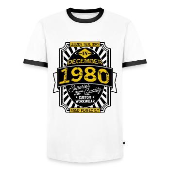 1980 DECEMBER - T-shirt contrasté Homme - blanc/noir - Devant - AI Model Female 172 light (172cm) & AI Model Male 178 dark (178cm)