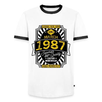 1987 MÄRZ - Männer Kontrast-T-Shirt - Weiß/Schwarz - Vorne - AI Model Female 172 light (172cm) & AI Model Male 178 dark (178cm)