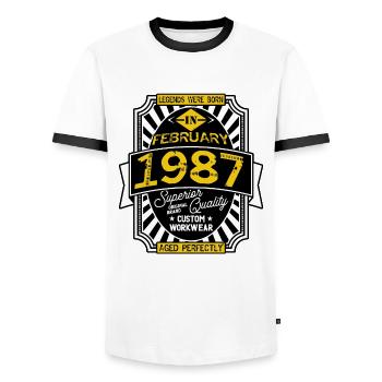 1987 FEBRUAR - Männer Kontrast-T-Shirt - Weiß/Schwarz - Vorne - AI Model Female 172 light (172cm) & AI Model Male 178 dark (178cm)