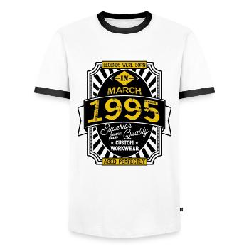 1995 MARCH - Men's Ringer Shirt - white/black - Front - AI Model Female 172 light (172cm) & AI Model Male 178 dark (178cm)