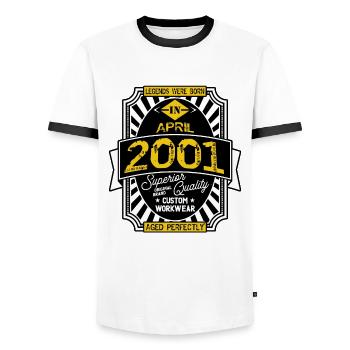 APRIL 2001 - Männer Kontrast-T-Shirt - Weiß/Schwarz - Vorne - AI Model Female 172 light (172cm) & AI Model Male 178 dark (178cm)