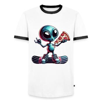 Alien Snowboarder: Pizza Action - Men's Ringer Shirt - white/black - Front - AI Model Female 172 light (172cm) & AI Model Male 178 dark (178cm)