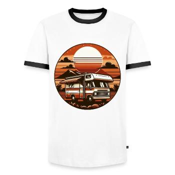 Caravane Camping Vacances Vintage Rond Coucher de soleil - T-shirt contrasté Homme - blanc/noir - Devant - AI Model Female 172 light (172cm) & AI Model Male 178 dark (178cm)