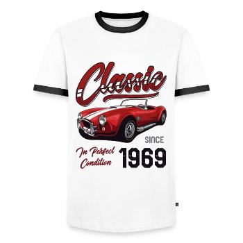 Je ne suis pas vieux Je suis une voiture classique vintage née en 1969 - T-shirt contrasté Homme - blanc/noir - Devant - AI Model Female 172 light (172cm) & AI Model Male 178 dark (178cm)