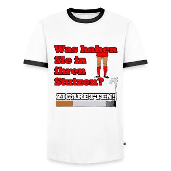 "Zigaretten in den Stutzen" - Geschenkidee - Männer Kontrast-T-Shirt - Weiß/Schwarz - Vorne - AI Model Female 172 light (172cm) & AI Model Male 178 dark (178cm)