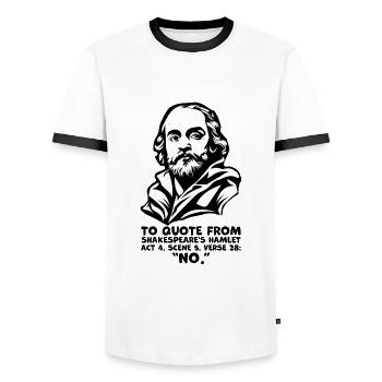 Citation du « non » de Shakespeare - Citation amusante d’Hamlet - T-shirt contrasté Homme - blanc/noir - Devant - AI Model Female 172 light (172cm) & AI Model Male 178 dark (178cm)