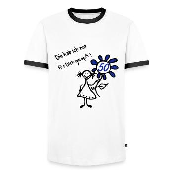 Geburtstag Birthday 50. - Strichmännchen Blume - Männer Kontrast-T-Shirt - Weiß/Schwarz - Vorne - AI Model Female 172 light (172cm) & AI Model Male 178 dark (178cm)
