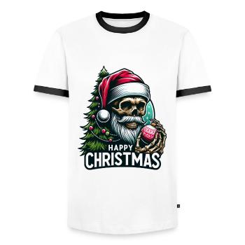 Santa Claus Skull with Christmas Ornament - Men's Ringer Shirt - white/black - Front - AI Model Female 172 light (172cm) & AI Model Male 178 dark (178cm)