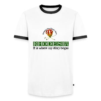 Rhodesia Story Begins Grün - Männer Kontrast-T-Shirt - Weiß/Schwarz - Vorne - AI Model Female 172 light (172cm) & AI Model Male 178 dark (178cm)