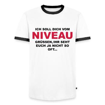 Ich soll dich vom Niveau grüssen... - Männer Kontrast-T-Shirt - Weiß/Schwarz - Vorne - AI Model Female 172 light (172cm) & AI Model Male 178 dark (178cm)