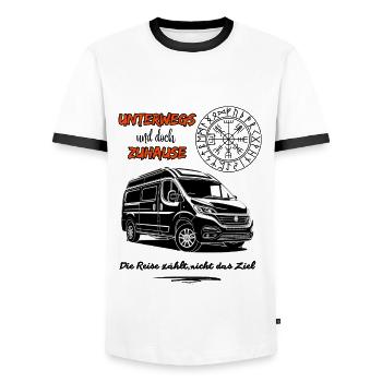 Camping Van Motorhome Saying with Compass - Men's Ringer Shirt - white/black - Front - AI Model Female 172 light (172cm) & AI Model Male 178 dark (178cm)