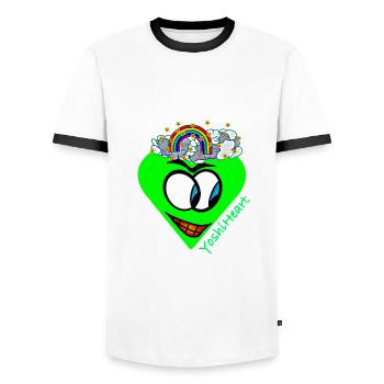 YoshiHeart - Edition 1 - Heart green - Men's Ringer Shirt - white/black - Front - AI Model Female 172 light (172cm) & AI Model Male 178 dark (178cm)