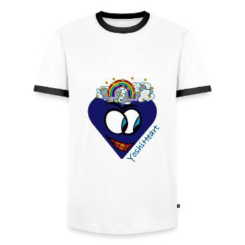 YoshiHeart - Edition 1 - Heart dark blue - Men's Ringer Shirt - white/black - Front - AI Model Female 172 light (172cm) & AI Model Male 178 dark (178cm)