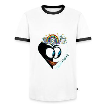 YoshiHeart - Edition 1 - Heart black and white - Men's Ringer Shirt - white/black - Front - AI Model Female 172 light (172cm) & AI Model Male 178 dark (178cm)